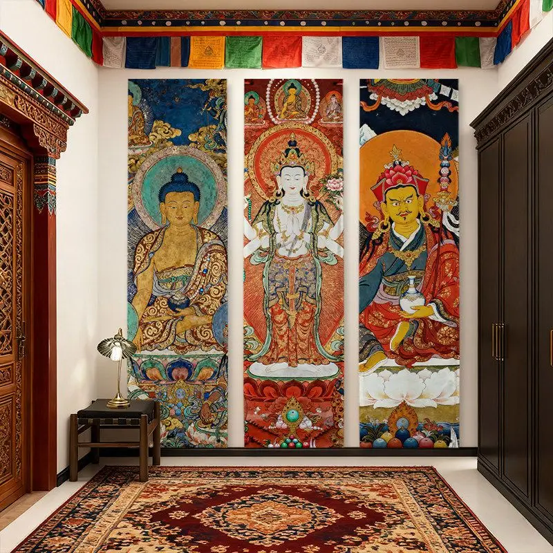 VIKAMA Tibetan Buddha Vertical Tapestry Gold Green Red Thangka Buddhist Portrait Wall Hanging Tall Wall Art Meditation