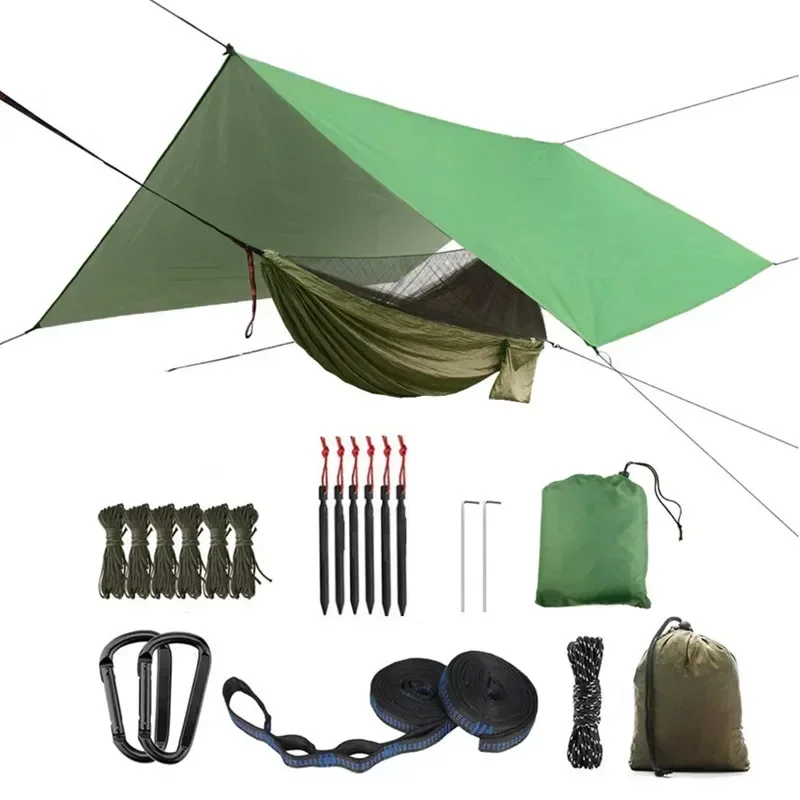 Camping Hängematte mit Bug Net und Überzelt Plane, 118x118in Tragbare Wasserdicht und UV Schutz Hängematte Zelt für Innen, outdoor