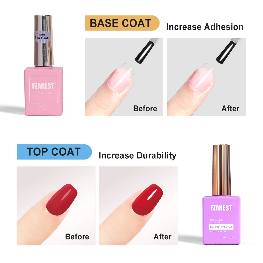 FZANEST Base Coat Top Coat Set 15ml Super Lasting Base Coat Nail Strong Diamond Top Coat Nail Art UV Gel Polish Top Coat Gel UV