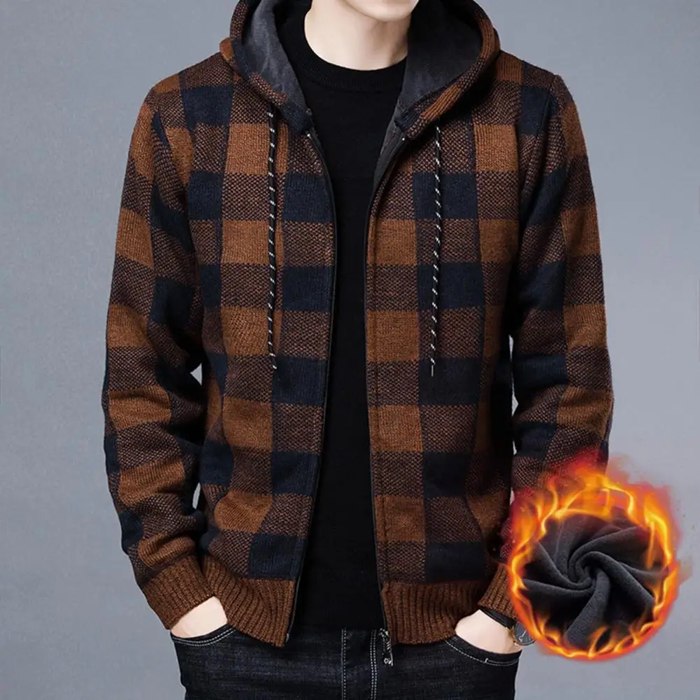 Slim Fit Plaid Jacket Stylish Men's Winter Cardigan With Plaid Print Hooded Drawstring Jacket Zipper Closure Thick For Weather