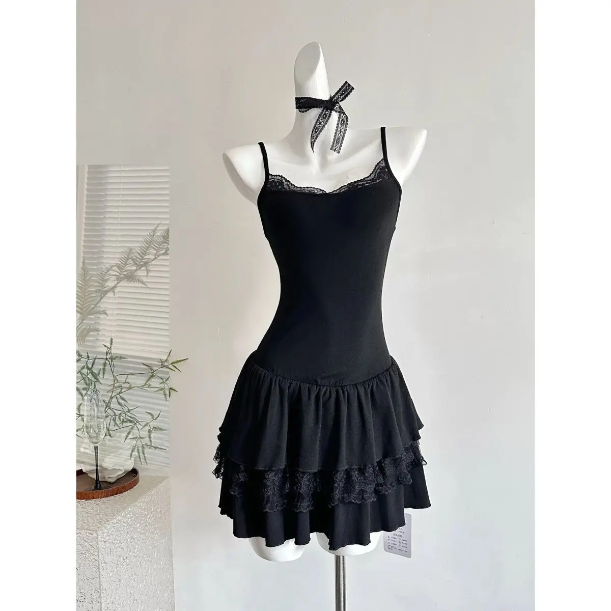 Y2k Polka Dot Long Sleeve Top + Strap Black Dress Two-Piece Set Women Sweet Japanese Vintage Bodycon Lace Bow Spring Summer image 4