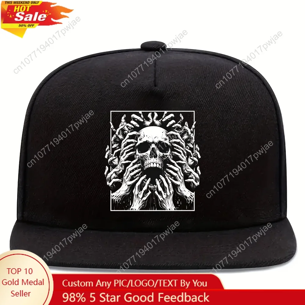 

1pc Black Skull Print Snapback Hat - Adjustable Streetwear Baseball Cap with White Skull Graphic Flat Brim Unisex Hip-Hop Hat