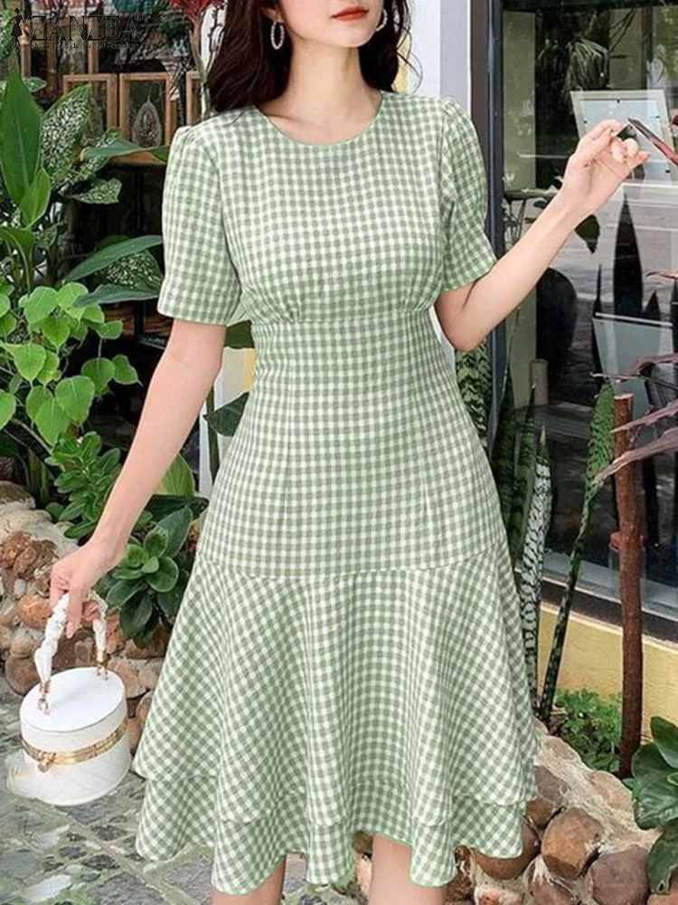 

ZANZEA Bohemian Ruffled Plaid Dress Women Short Puff Sleeve Knee-length Sundress 2025 Summer Waisted Printed Beach Party Vestido