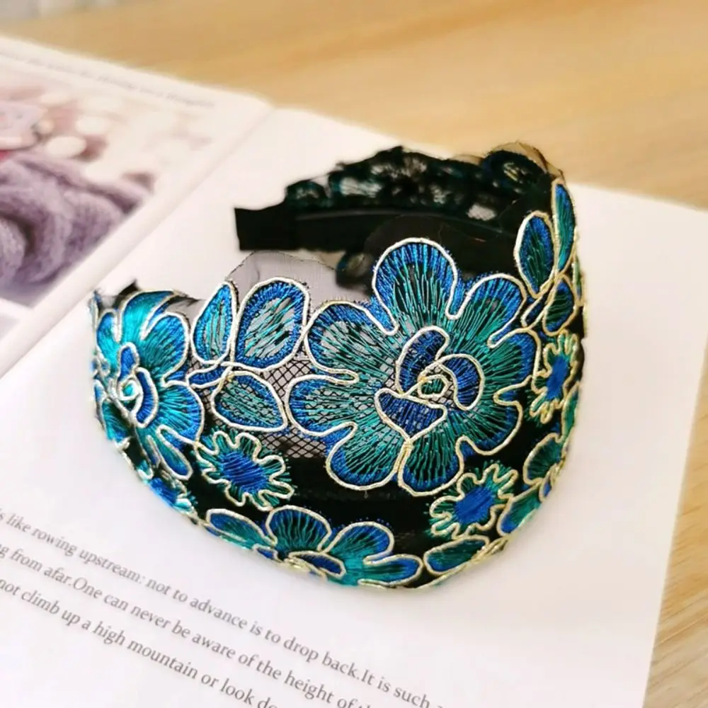 

Vintage Flower Women Hair Hoop Wide Side Embroidery Lace Headband Non Slip Tooth Hair Hoop Mother Hair Hoop Fashion Headdress