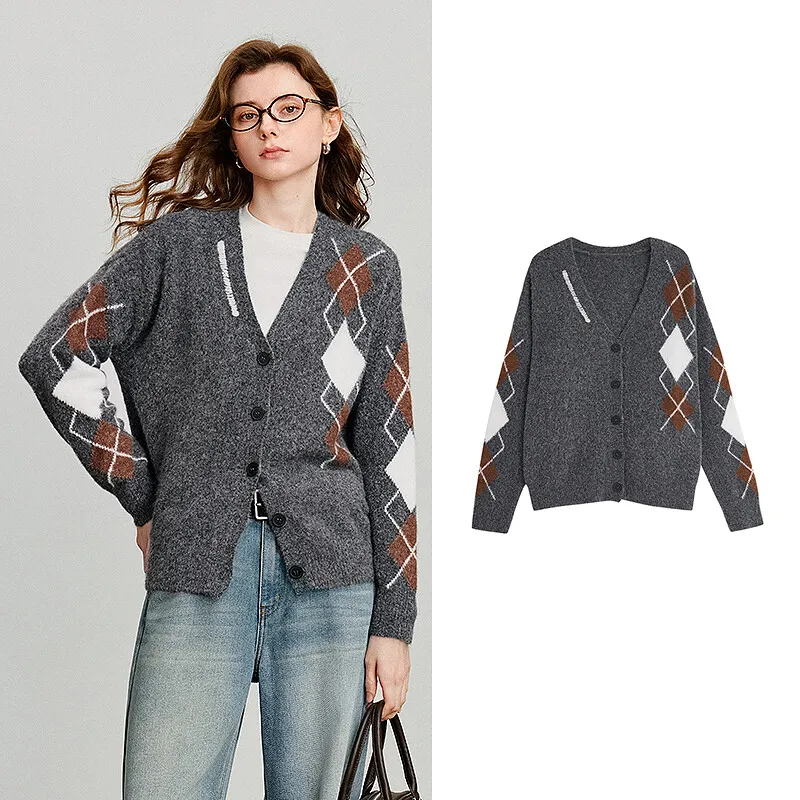 Toyouth Women Knited Sweater 2025 Autumn New Grid Pattern V Pescoço Butão de peito único Cardigan Coat Grey