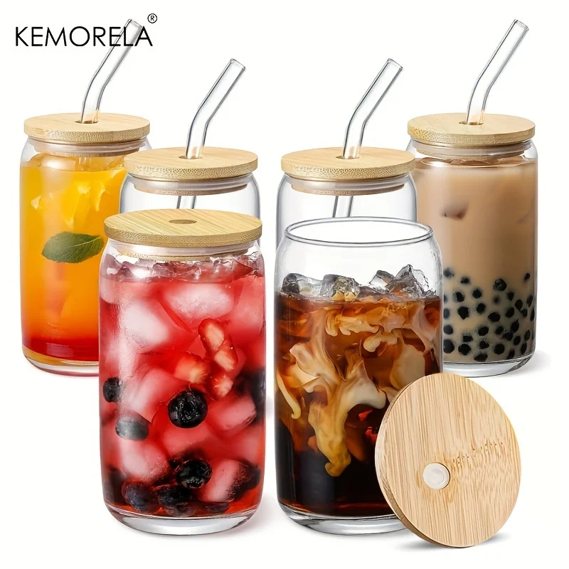 6PCS 360ml Glass Cup With Lid And Straw Transparent Bubble Tea Cup Juice Glass Beer Can Milk Mocha Cups Breakfast Mug Drinkware