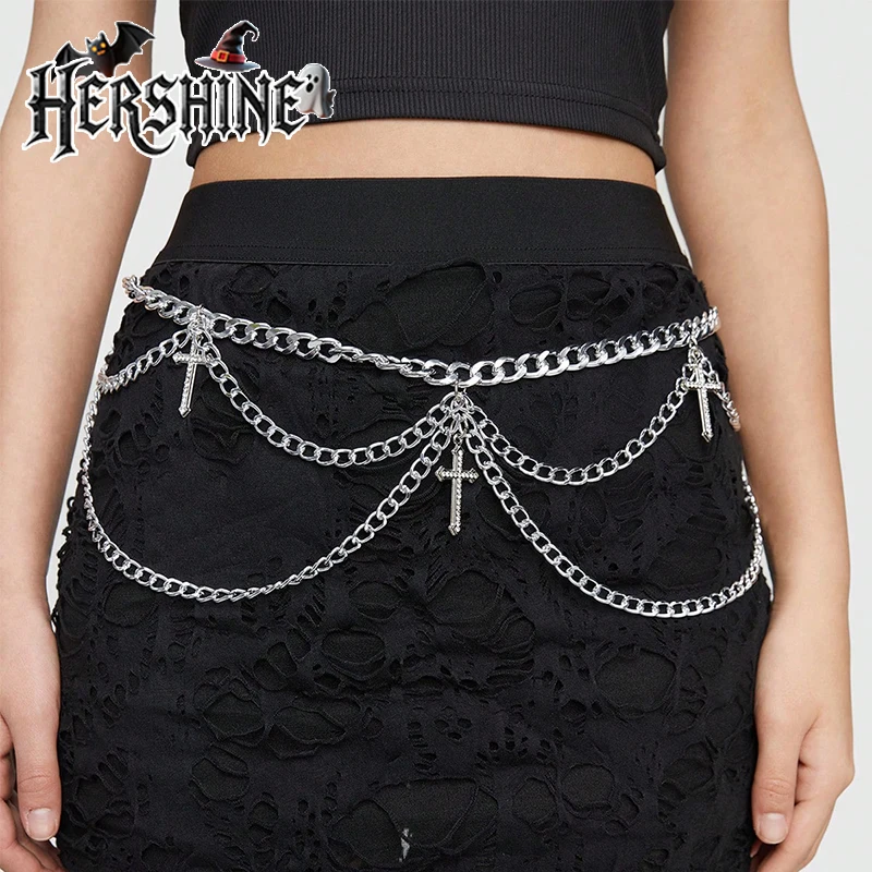 

HERSHINE цельная женская серебряная двухслойная цепочка со стразами, поясная цепочка Y2K, темный готический стиль, аксессуар на Хэллоуин
