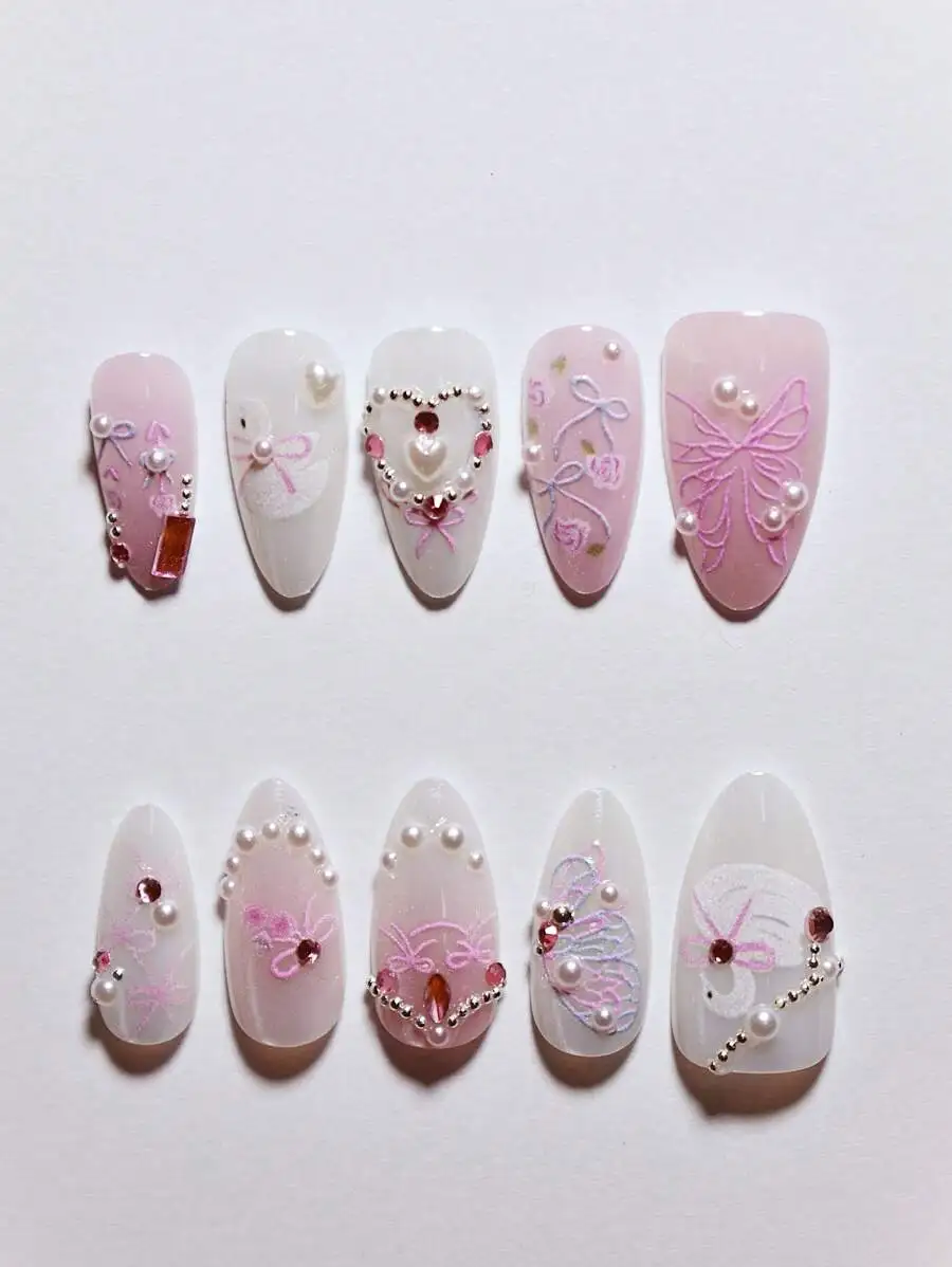 10Pcs Handmade Press-On Nails With 3D Floral Pearl Butterfly Design Short Almond Shape Glossy Nude White Pink Dual Tone