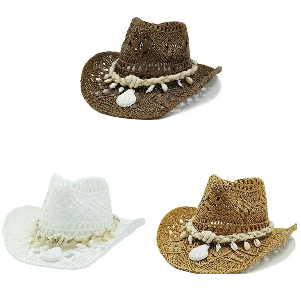 

Fashion Hollow Cowboy Straw Hat Big Head Circumference Seashell Beach Sun Hat Large Brim Jazz Hat Sunshade