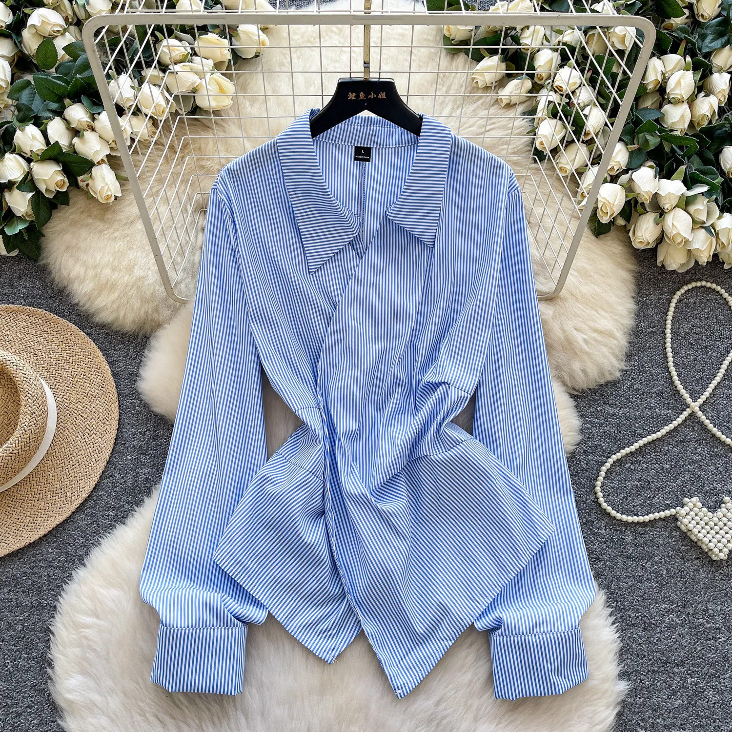 

Stripe Bow Knot Shirt for Women 2026 Spring Korean Style Commuter Slim-looking Coat Casual Loose Waist-cinching Long Sleeve Tops
