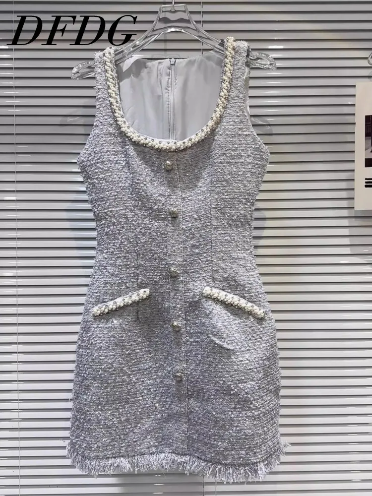 

DFDG женское летнее серебряное твидовое платье с жемчужной отделкой, мини-платье без рукавов, элегантное офисное вечернее платье 2025, модное женственное модное платье