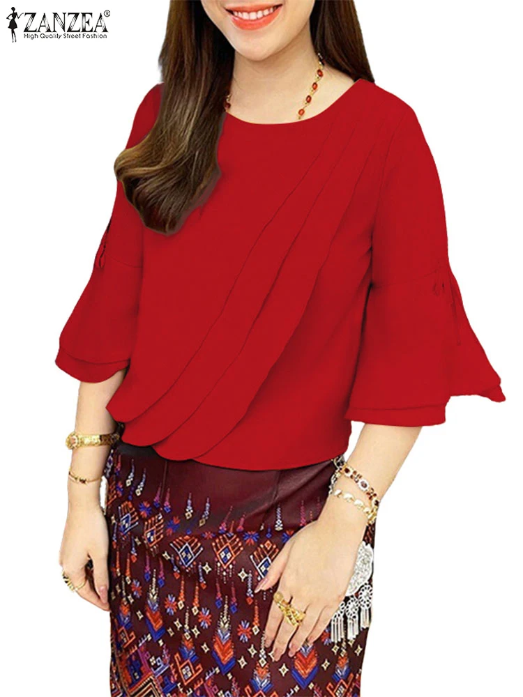 

ZANZEA Summer Solid Blouse Flare Sleeve Tops 2025 Bow Pleated Blusas Women Casual Ruffled Tunic O Neck Loose Oversized Pullovers