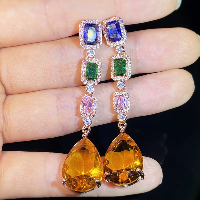925 silver exquisite fantasy color gemstone tassel earrings retro high-definition water drop fashion dinner temperament earrings