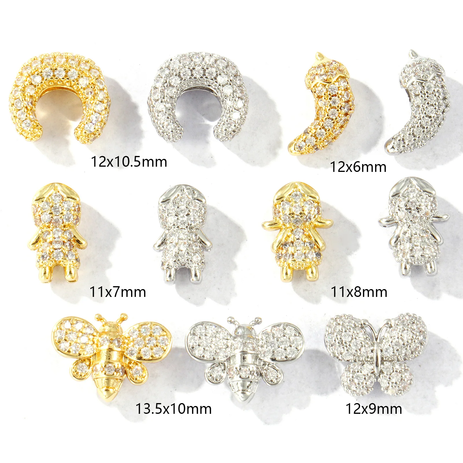 2pcs Mini Brass Beads Multicolor Boy Girl Lover Insect 3D Clear Cubic Zirconia Spacer Beads  For DIY Jewelry Making Necklace