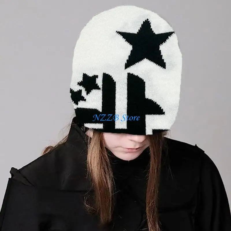 

T21F Sweet Cool Beanie Hat Knit Jacquard Star Pattern Hats for Adult Teenagers