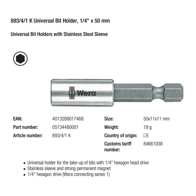 WERA 05134480001 Universal Bit Holder 893/4/1 K 50mm Length 19Grams High Quality