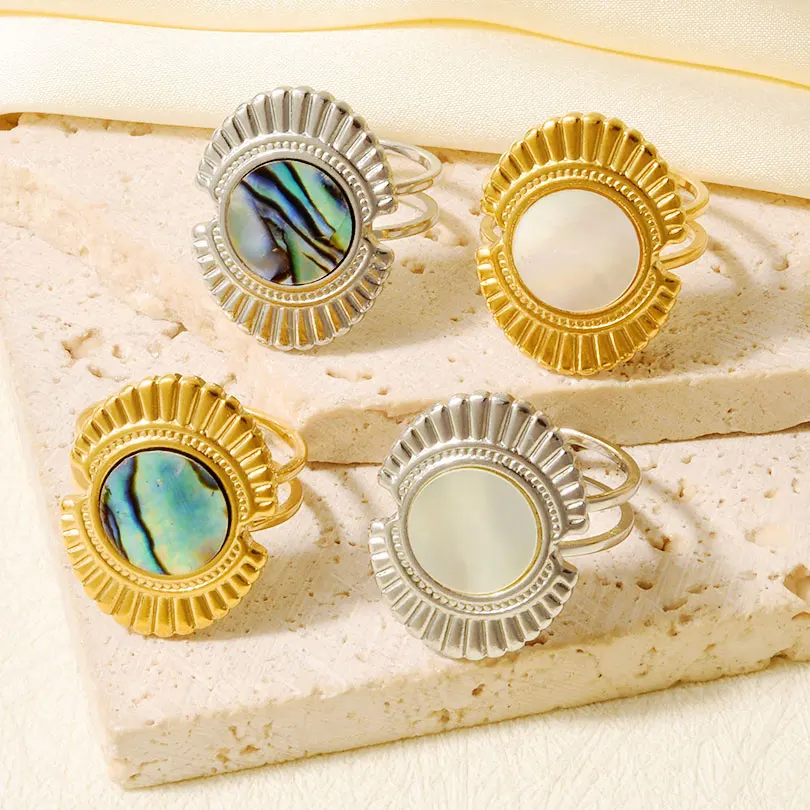 Vintage Round Oval Square Natural Abalone Shell Ring Stainless Steel Open Adjustable Finger Rings Jewelry Gifts For Women Girls