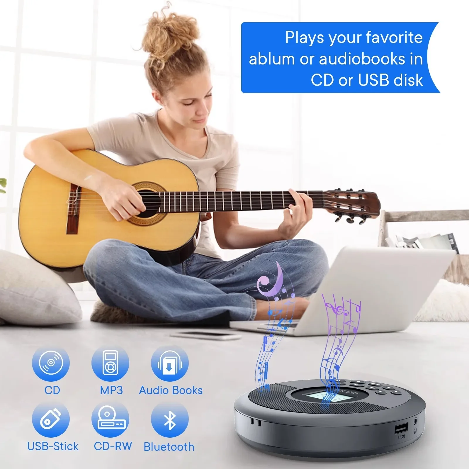 Portable Bluetooth Speakers CD Player with Headphones MP3 Walkman Compact Disc Player Is Very Suitable for Family Car and Travel