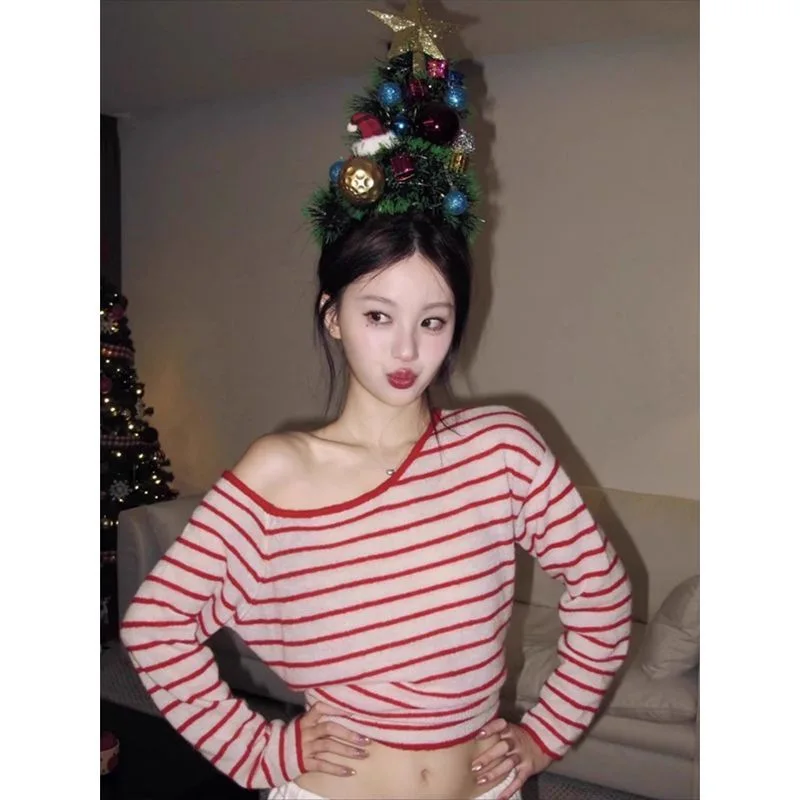 

Red Striped Knitted ort Sve Long irt Women's Autumn Winter Slim Fit Inner Wear Top Small Fraance Sle
