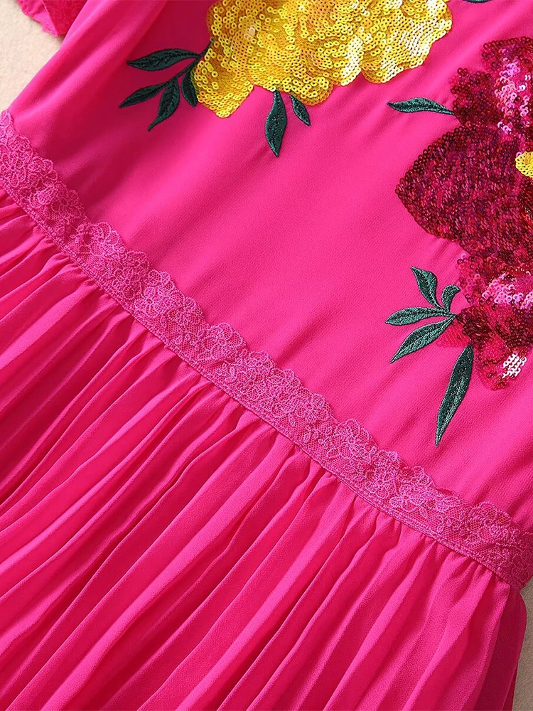 Aeleseen designer moda vestido plissado feminino primavera verão rosa flor vermelha lantejoulas bordado em cascata babados longo festa