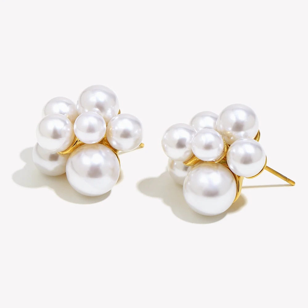 E.B.belle Elegant Style Pearl Stud Earring Tarnish Free Stainless Steel 18K Gold Plated Fashion Women Jewelry Party