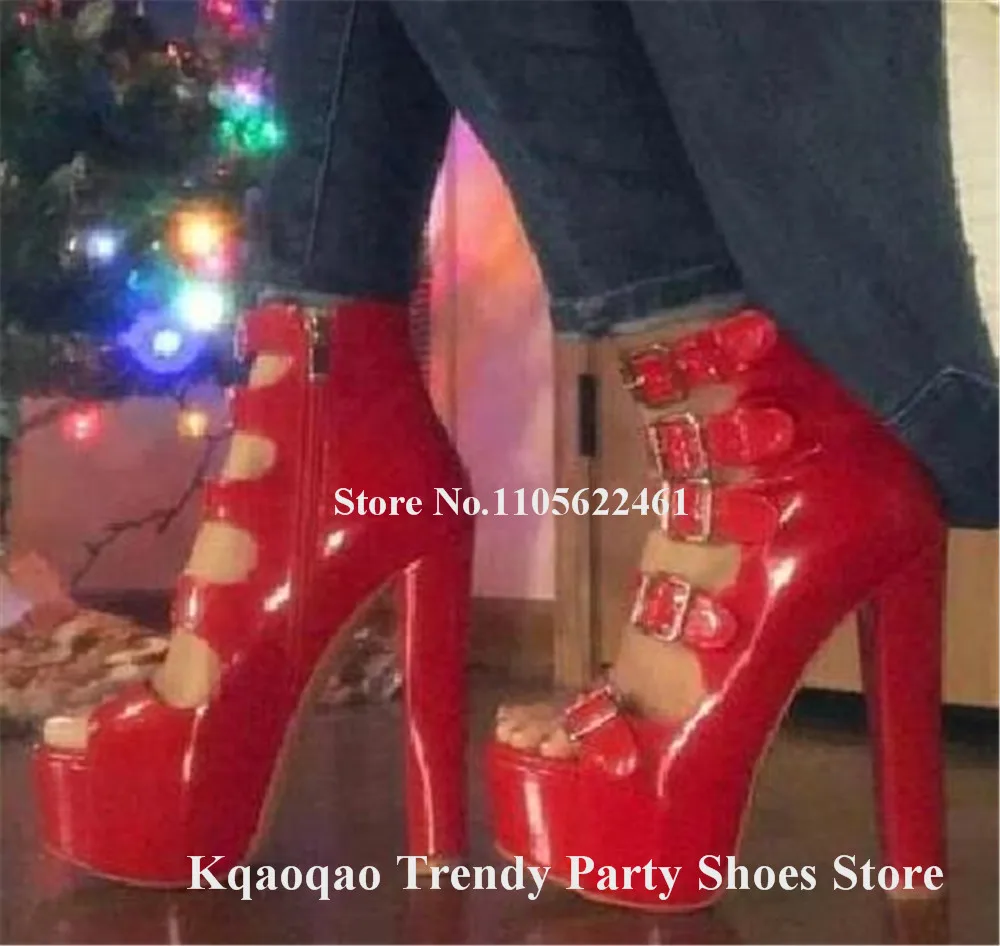Kqaoqao Red Green Patent Leather Cut-out Chunky Heel Sandals Peep Toe Straps Buckles High Platform Thick Heel Party Heels