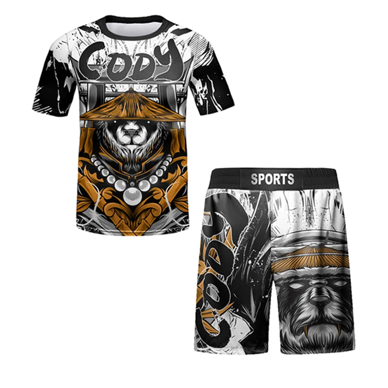 Nowe MMA dziecko Rashguard Jiu Jitsu T-shirt + zestaw spodni chłopiec dziewczyna Bjj wysypka Guard odzież sportowa dla dzieci spodenki Muay Thai