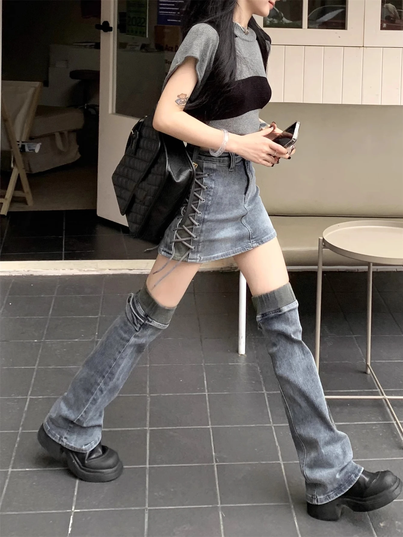 REDDACHiC Women Two-piece Skirt Set High Waist Bandage Denim Skirt with Leg Warmers Cyberpunk Y2k Vintage Music Festival Outfits