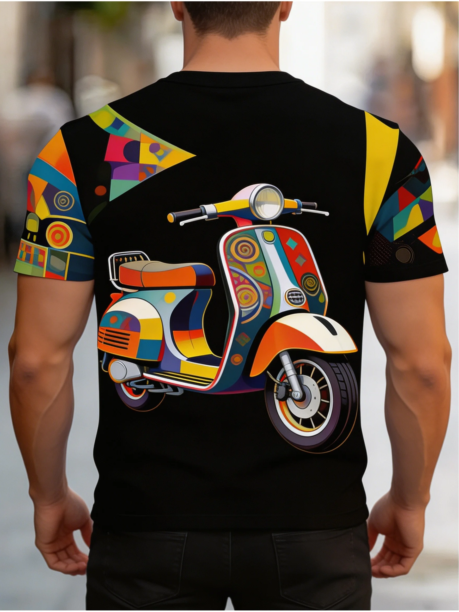 Men's Retro Colorful Scooter Print T-Shirt Black Geometric Patchwork Crew Neck Casual Top