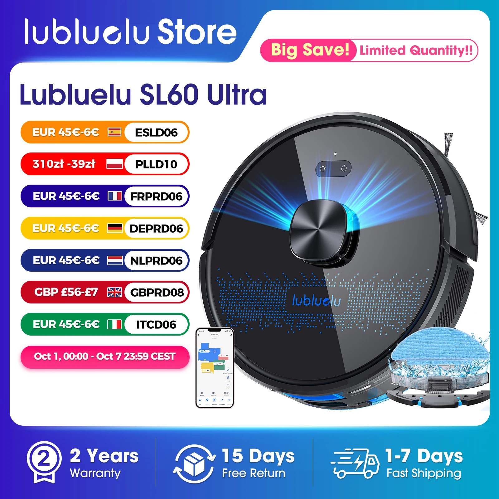 Roboter-Staubsauger und Wischmopp-Kombination 4500Pa, Lubluelu SL60Ultra Roboterstaubsauger, 150 Min. Max. Laufzeit, 55dB, 24 No-Go-Zonen für Tierhaare, Teppiche, Böden