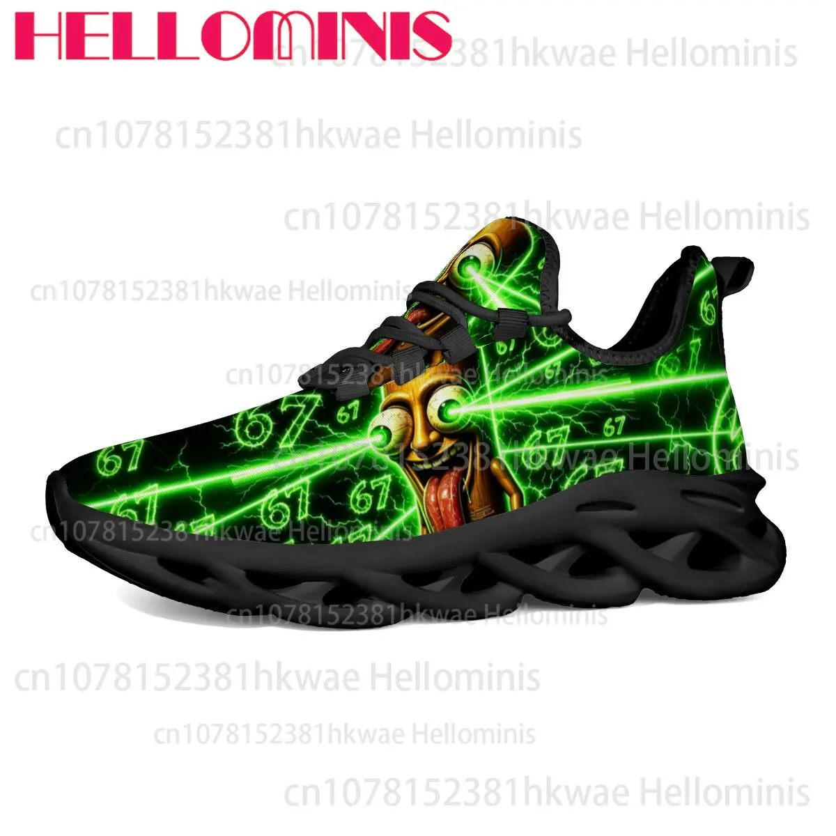 Tung Tung Sahur Print Unisex Adult Sneakers Green Lightning Laser Number 67 Graphic Hollow Wave Sole Breathable Casual Shoes