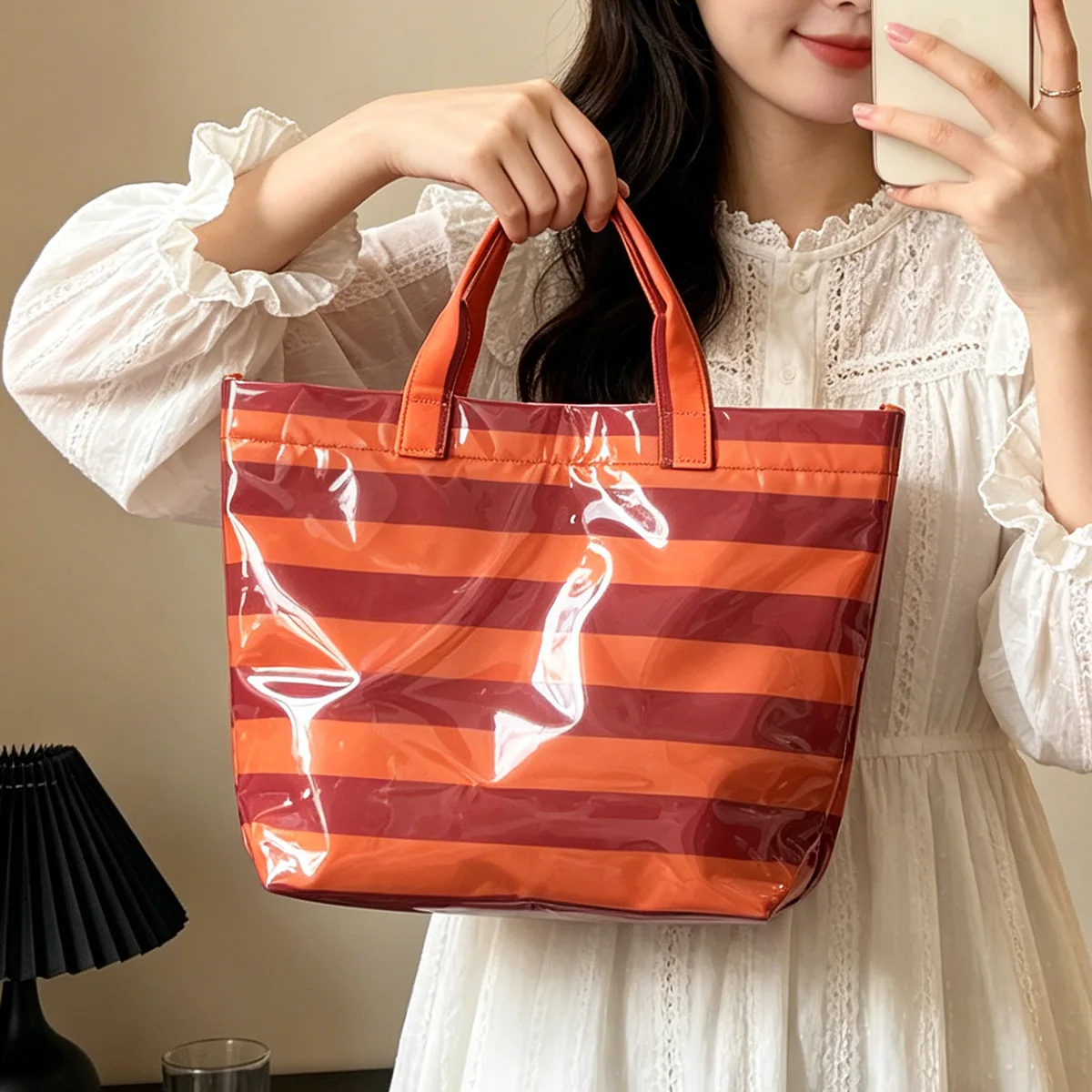 Glossy Pvc Striped Tote Bag Large Capacity Color Block Handbag Waterproof Beach Bag Casual Commute Women Shoulder Bag