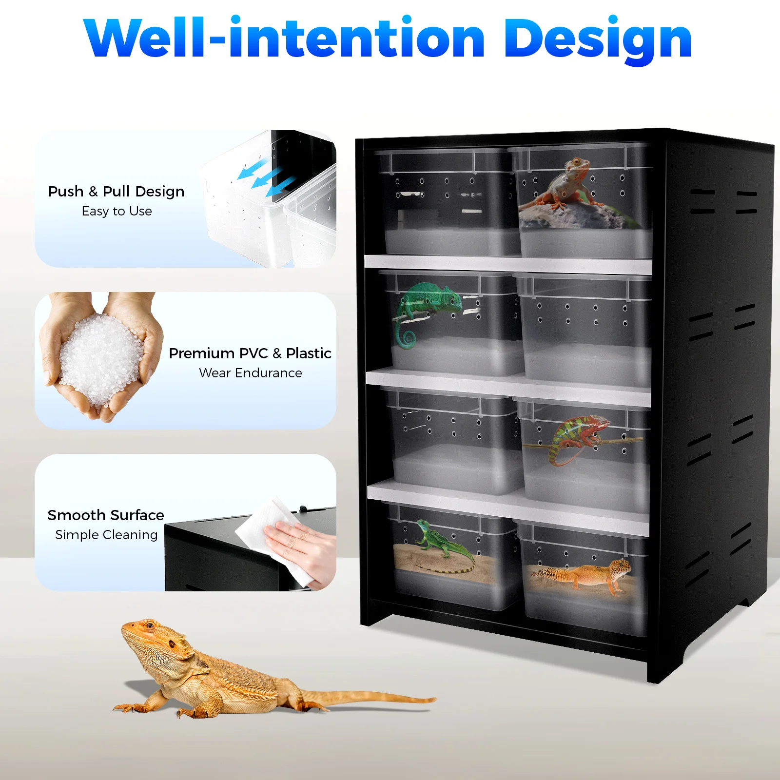 Reptile Breeding Cabinet with 8 Clear Boxes, 25W Heating Pad, Thermometer, for Spiders, Lizards & Small Reptiles, Space-Saving