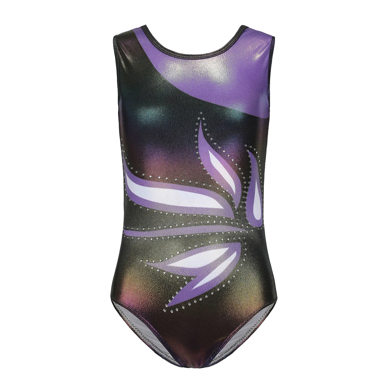 

Child Girls Lyrical Artistic Performance Costumes U Back Sleeveless Ballet Yoga Bodysuit Rhinestones Color Block Printed Leotard