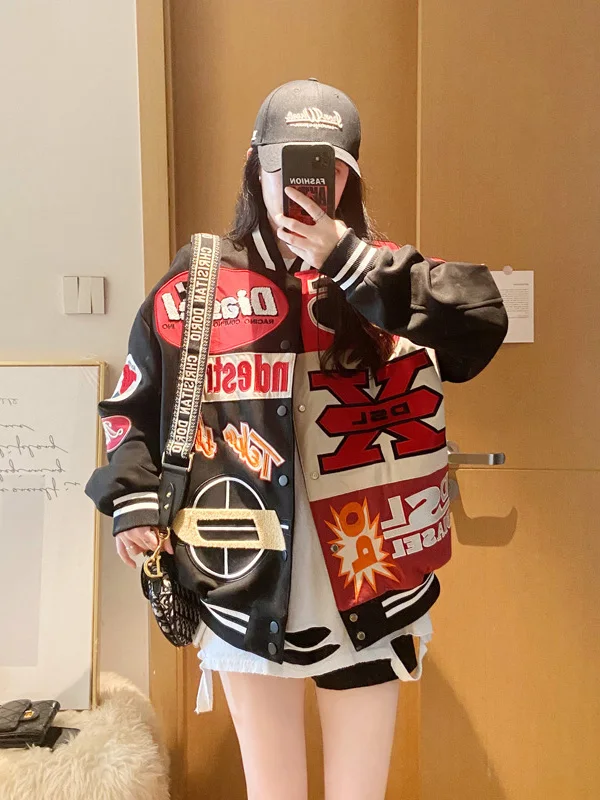 

Spring Autumn Thiened Baseball Jaet Women's Loose Embroidered Jaet Motorcycle Sle Trendy Brand Cotton Long Sve Zip...