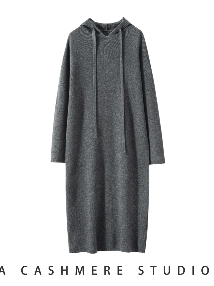 Tloml feminino 100% vestidos de camisola de caxemira com capuz vestidos de uma peça outono inverno macio quente malhas de caxemira casual estilo simples