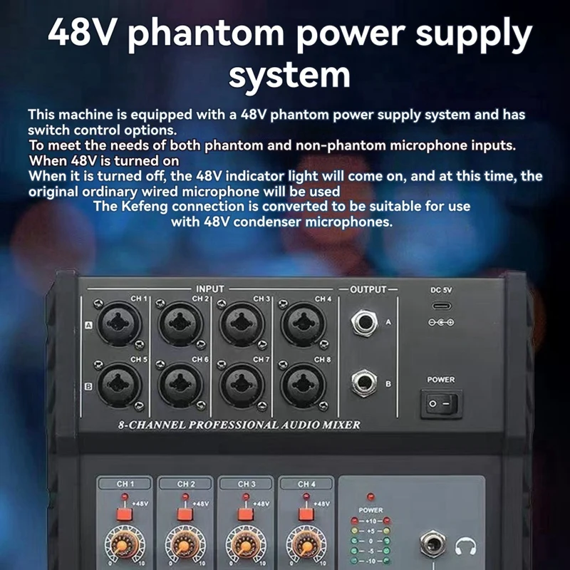 Multi-Function Mixing Console Digital 8 Channel Audio Mixer Stereo for Recording DJ Sound Mixers Live Broadcast Black US-A74P