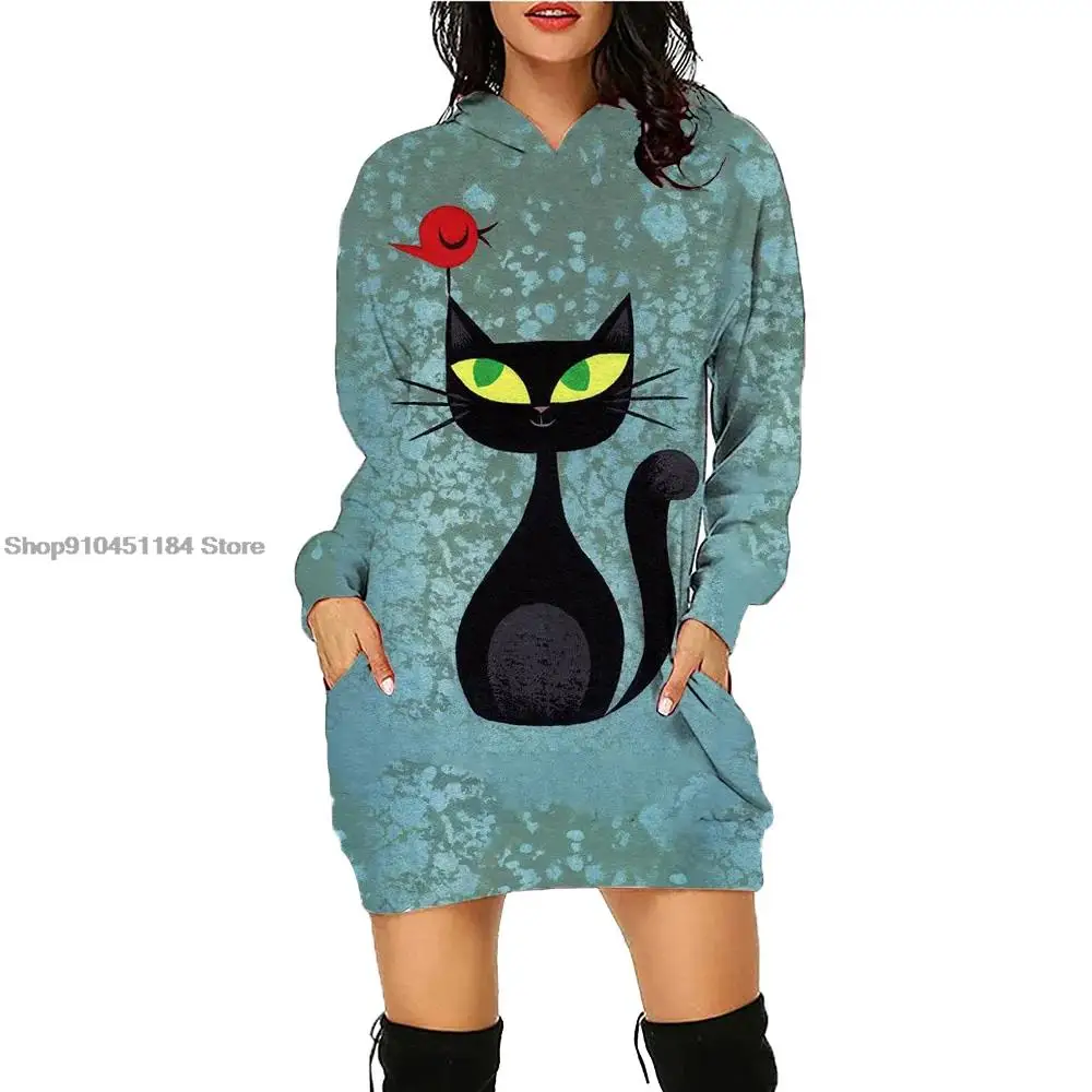 Cat printing Women Fashion Hooded Sweater Dress Daily Workout Hoodies Long Sleeve Pullover Autumn Winter Loose Sweatshirt Dress