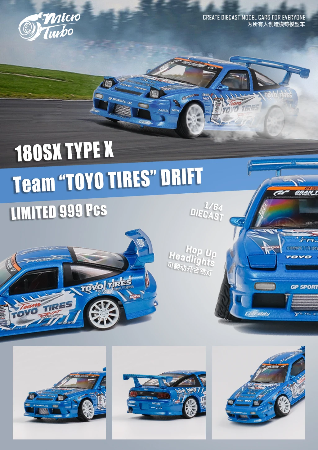 MicroTurbo 1/64 180SX TOYO Metallic Blue  Color Diecast  Stocks In 2023 Collection Gift Scale Model Car