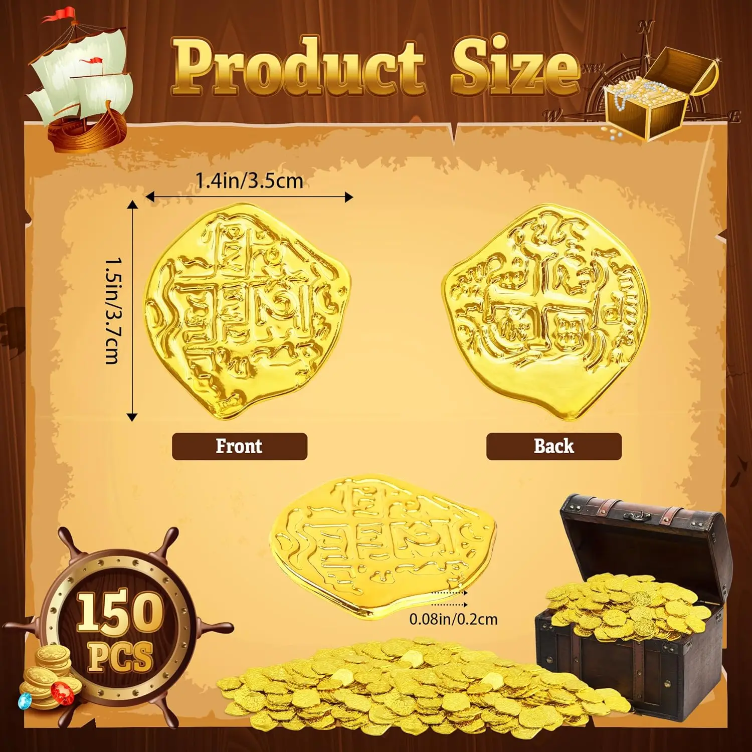 150Pcs Gold Pirate Coins,Plastic Treasure Coin Fake Play Coins for Pirate Party,Party Treasure Hunt, Classroom Rewards, Play Mon