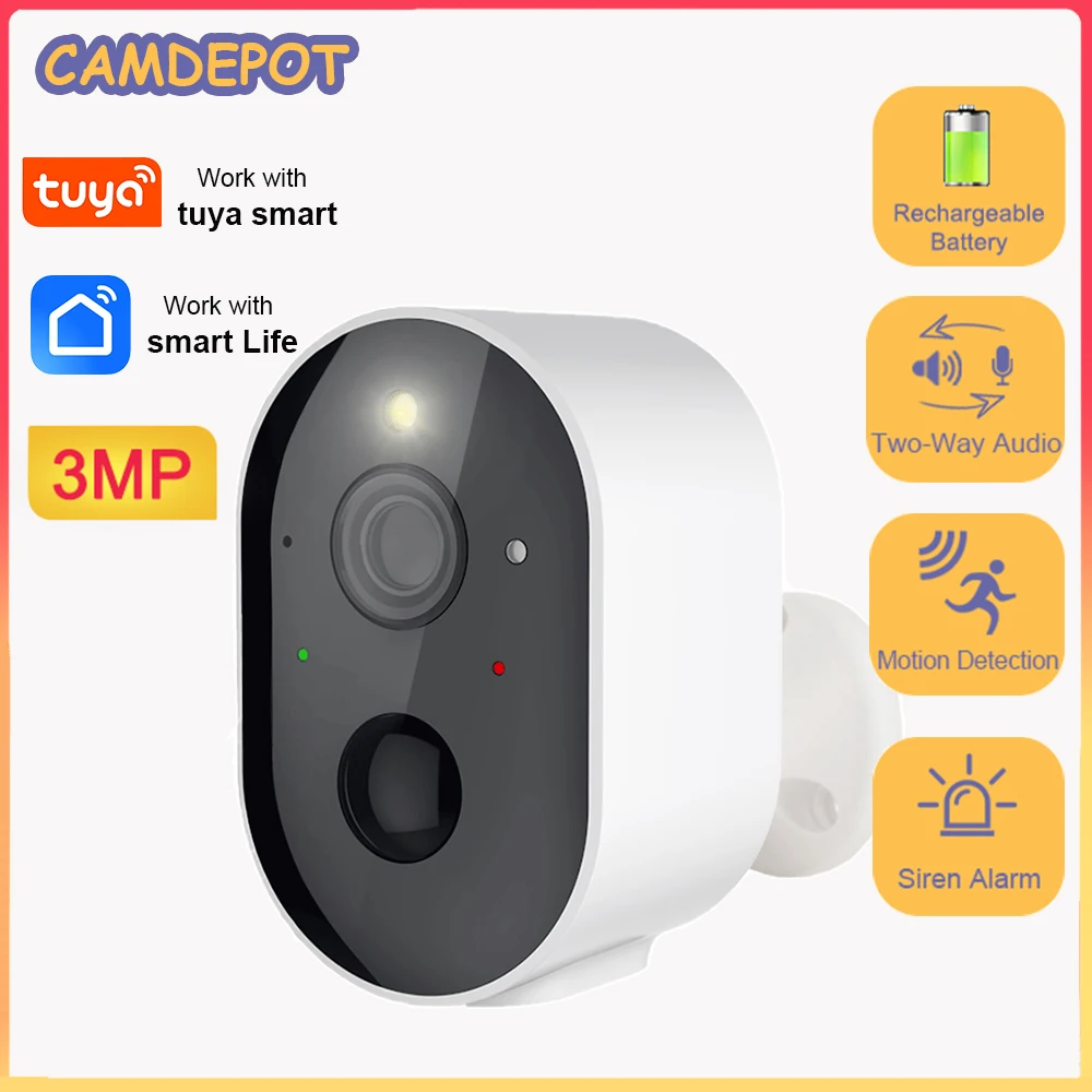 

Camdepot Tuya Smartlife App 3MP 5200mAh Battery IP Camera Outdoor IP65 With PIR Sensor 2.4Ghz WiFi Camera Color Night Vision