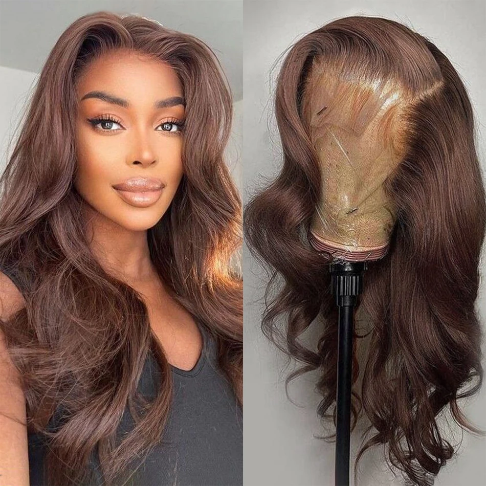 Perruque Lace Front Wig Body Wave brésilienne naturelle, cheveux humains, brun chocolat, 13x6, pre-plucked, transparent