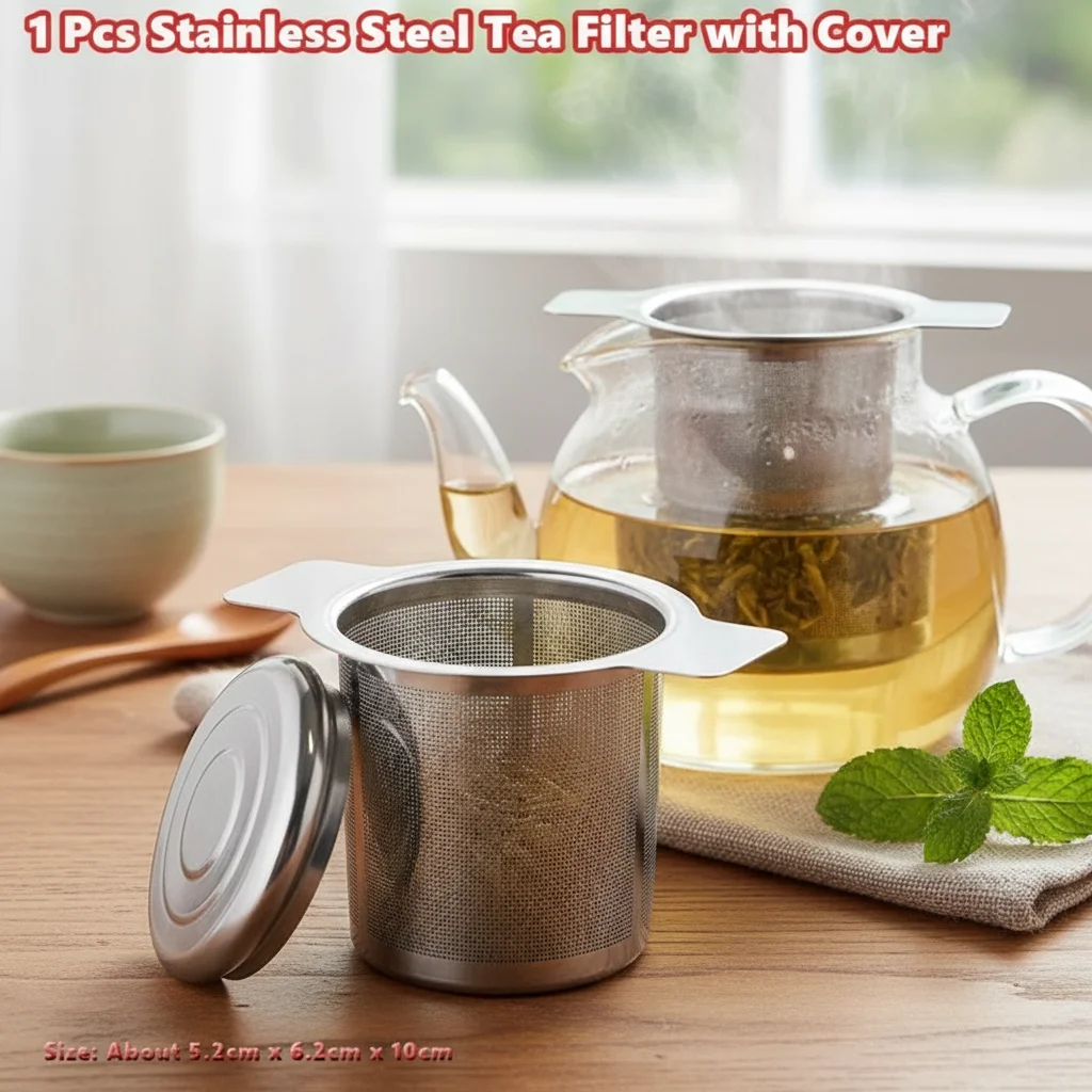 Stainless Steel Tea Strainer with Lid Double Ear Handle Mesh Filter for Coffee and Tea Brewing