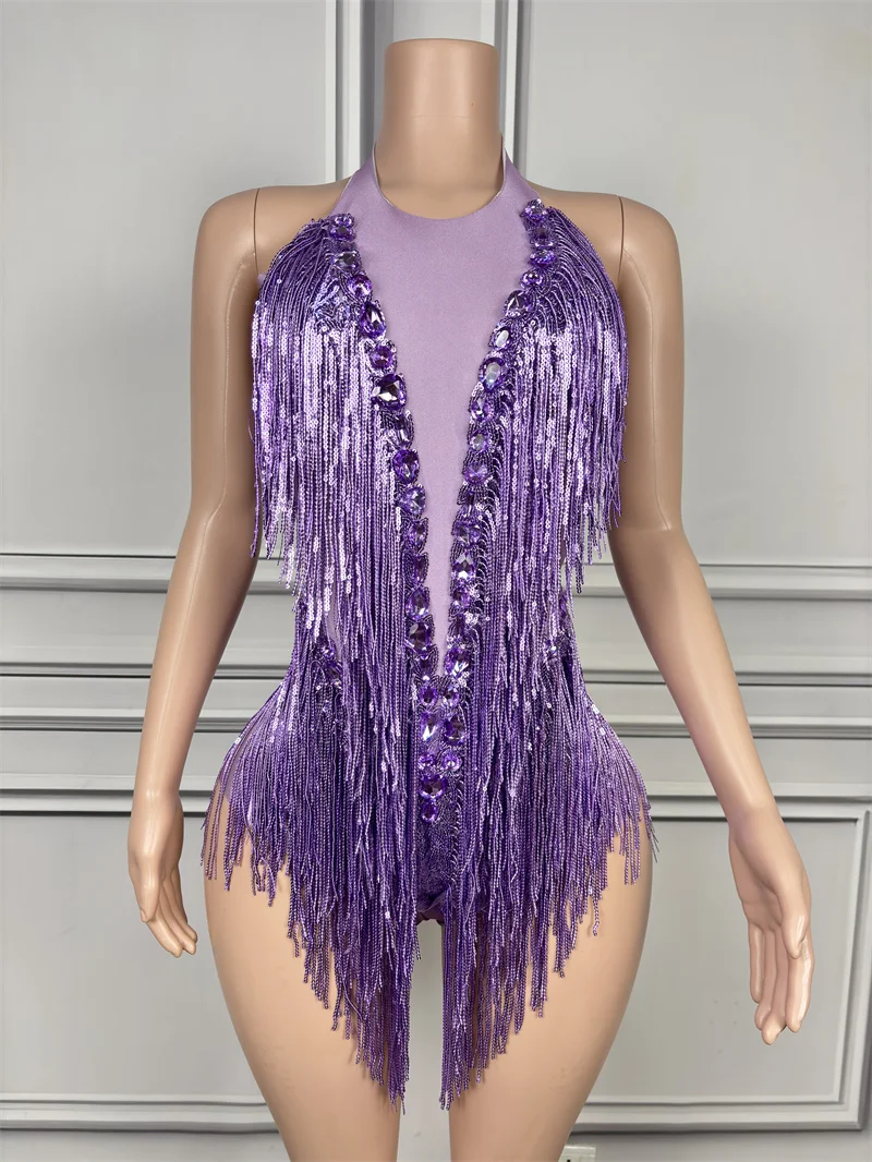 Strass-Pailletten-Quasten-Leotard Damen Nachtclub-Outfit Sängerin Tänzerin Kostüm Bühnenkleidung Sexy Geburtstags-Fotoshooting Bodysuit – Detail 7