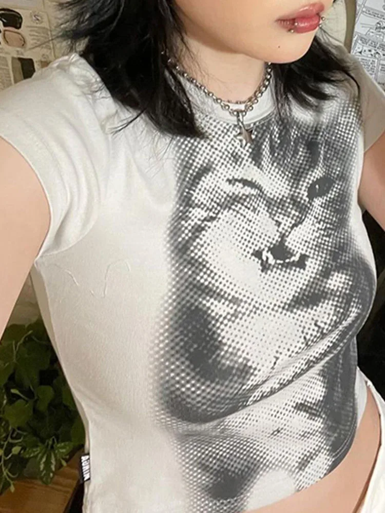 Harajuku الحيوان طباعة المحاصيل الأعلى الأساسية الأبيض قصيرة الأكمام Crewneck تي شيرت المرأة عادية سليم المناسب تيز سيدة y2k خمر