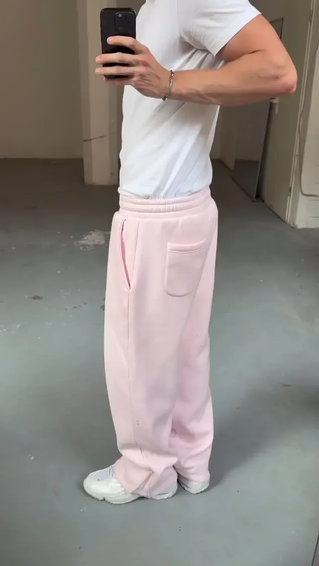Y2K Pink Casual Jogger Sweatpants Money Pocket Embroidery Drawstring Trousers Open Leg Wide Leg Pants Couple Straight Pants