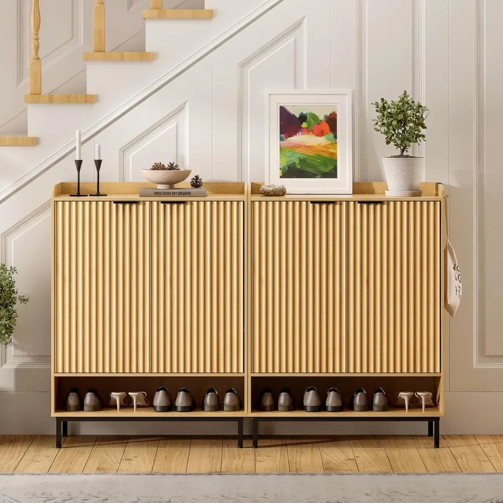 Fluted Shoe Storage Cabinets Set of 2 Farmhouse 6-Tier Shoe Cabinet with Doors 42