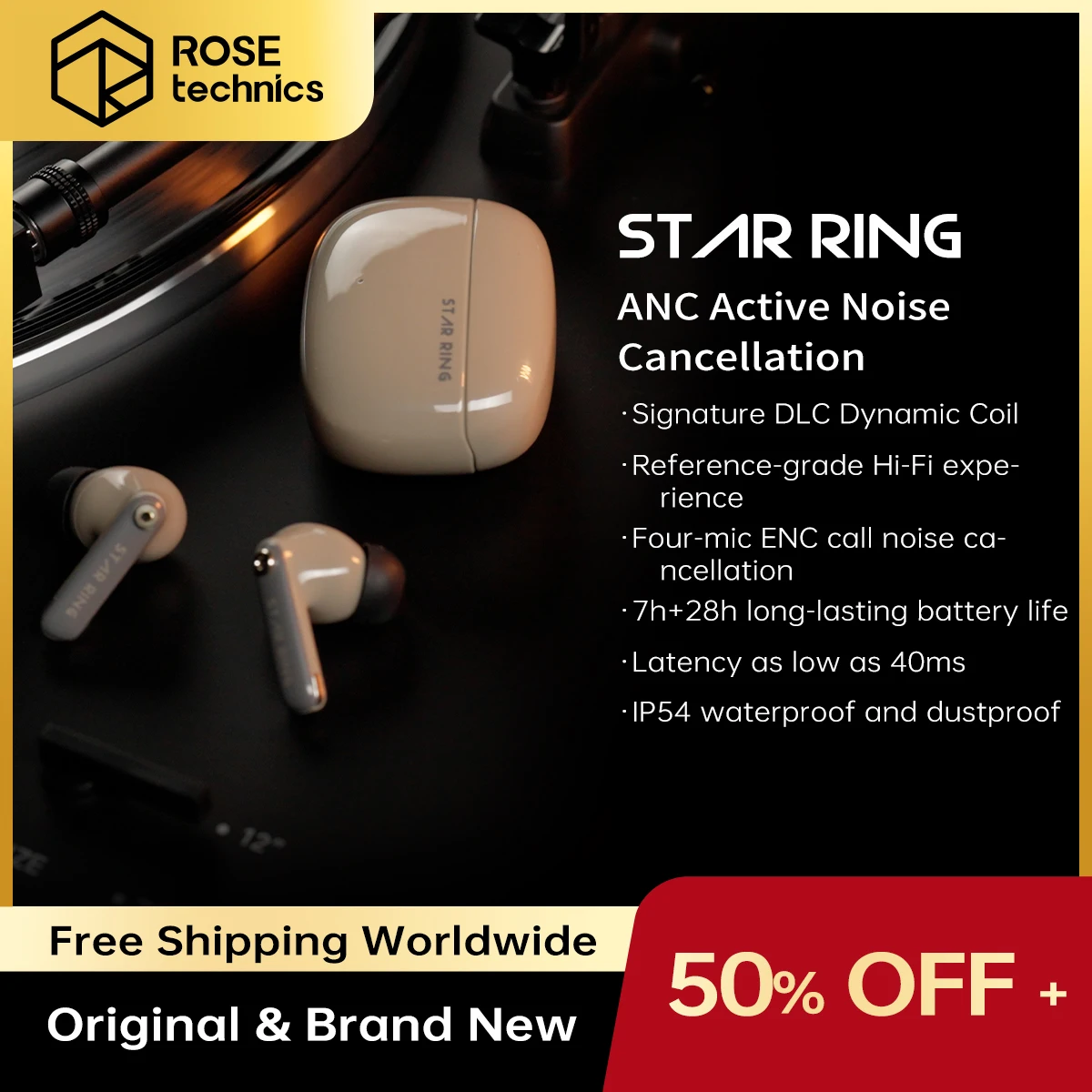 

ROSESELSA STAR RING Wireless Bluetooth Earphone Active Noise Cancellation Earbuds Hi-Fi Sound Quality Earbuds