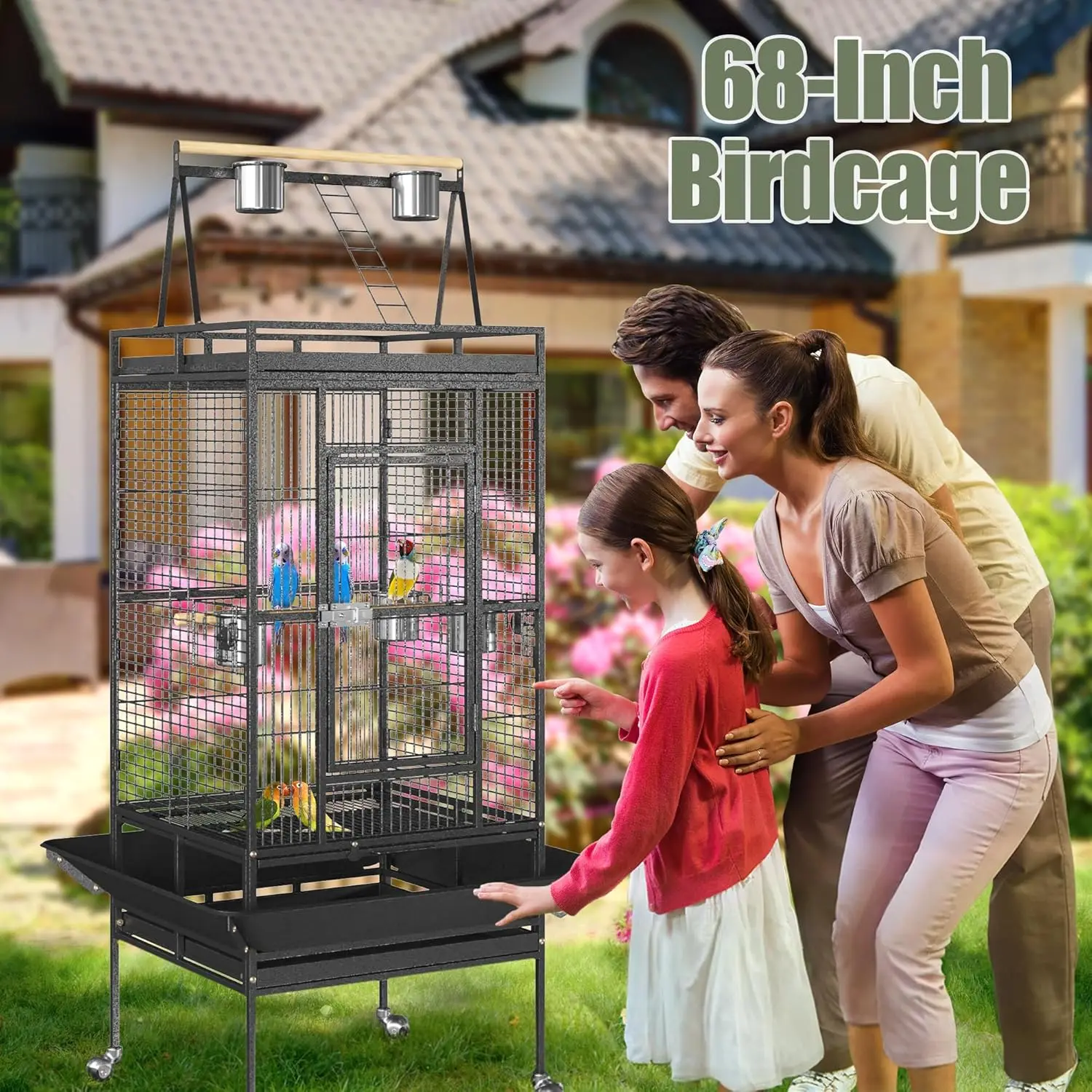 

68-Inch Birdcage, Playtop Parrot Cage, Wrought Iron Bird Cage with Rolling Stand, Heavy-Duty Pet Bird House bird house