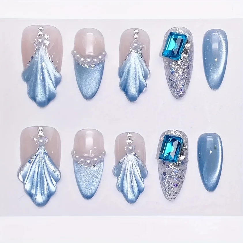 

10pcs high-end French blue cat's eye shell pearls handmade fake nails, Blue nail decoration patches for women